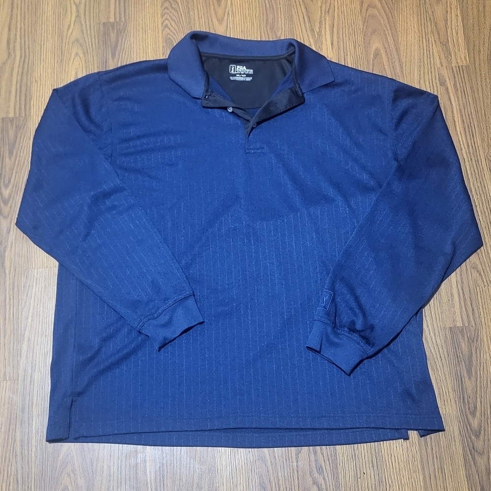 PGA Tour Men’s XL Navy Blue Striped Performance Long Sleeve Golf Shirt Top C65